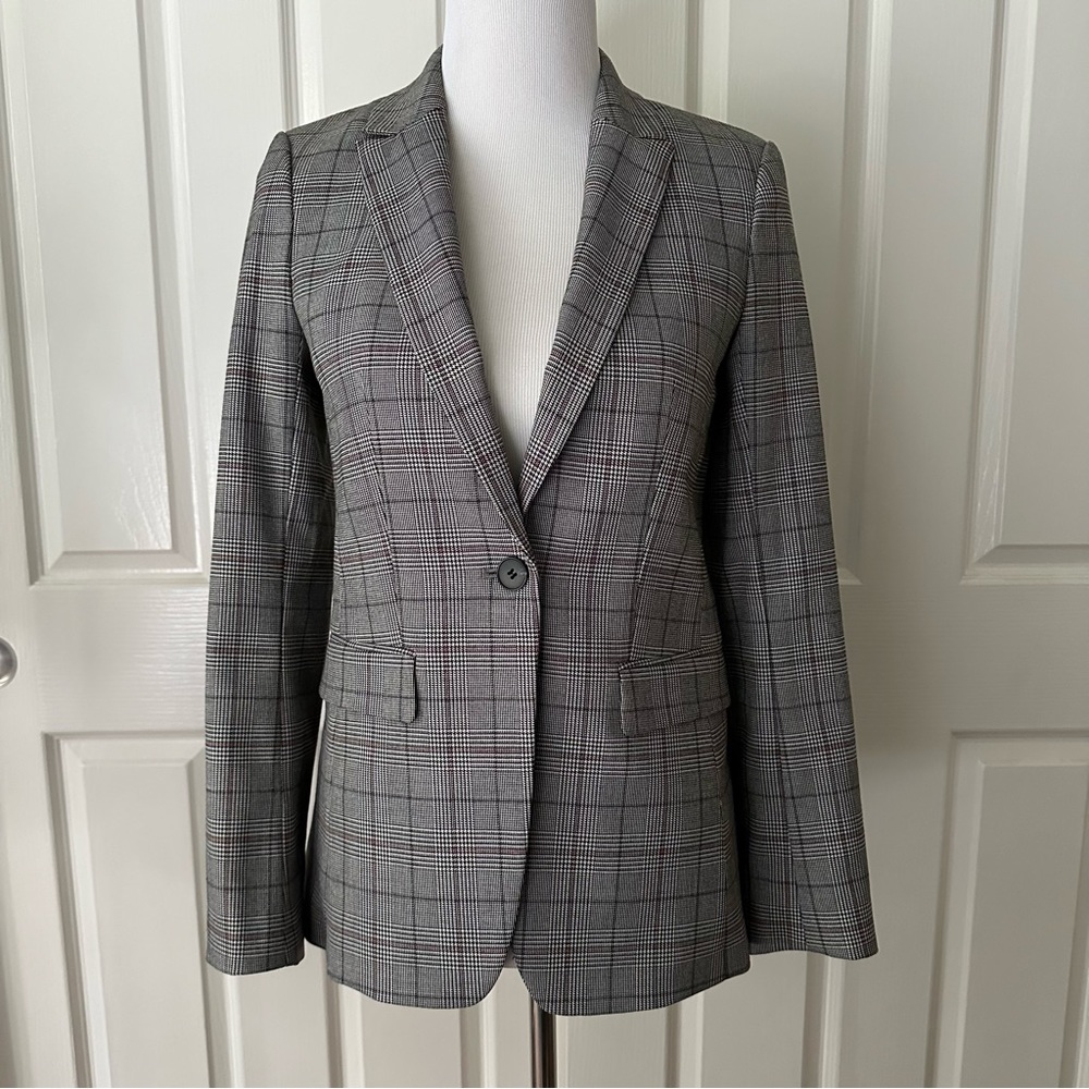 H&M Plaid Blazer Size 4 Black Grey White Red 27” Long